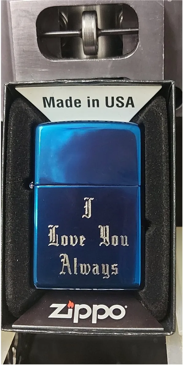 Blue Zippo lighter engraved I Love You Always in its gift box