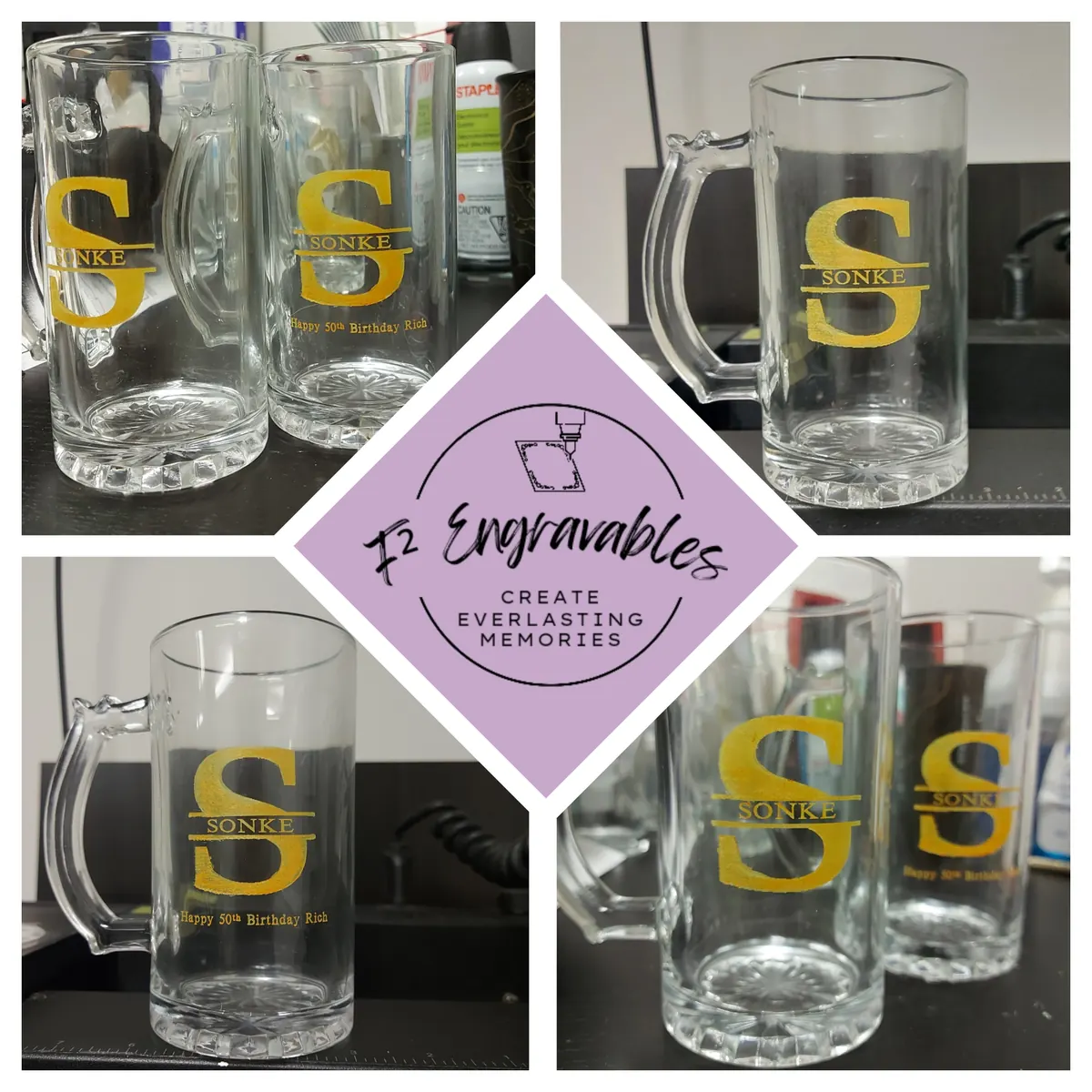 Glass beer mugs engraved with yellow colour-filled 'S' monogram, F² logo tile. (alt in portfolio grid: 'Custom Glass Engraving projects with