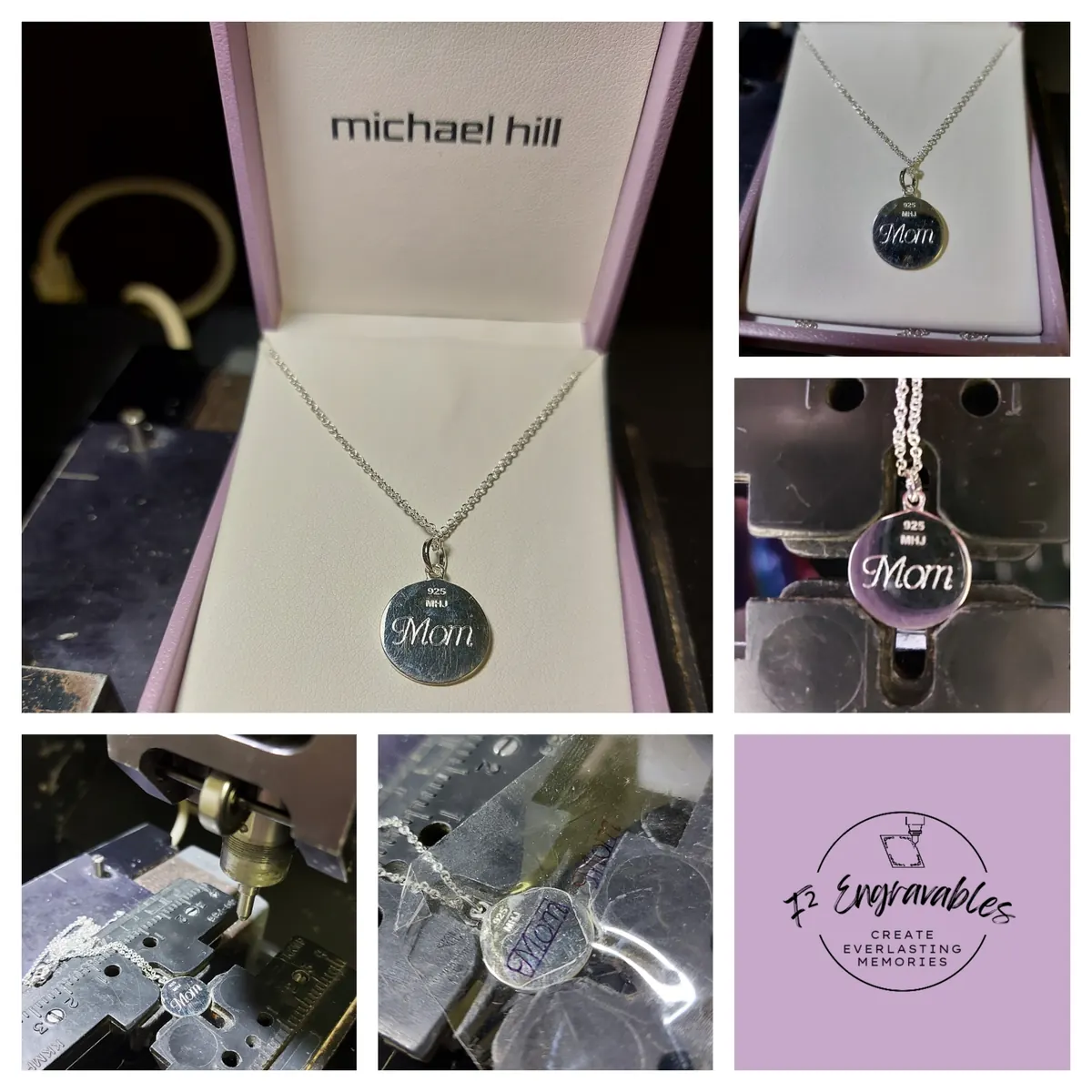 Silver disc necklace engraved 'Mom' in Michael Hill box, pendant in engraver, F² logo tile. (alt in portfolio grid: 'Jewelry Engraving')