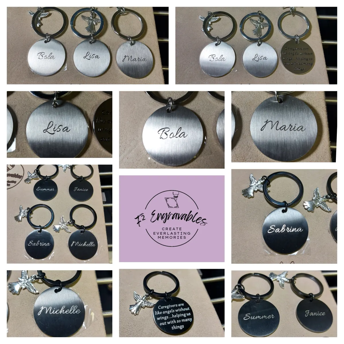 Round metal keychains engraved with names (Bela, Lisa, Maria, Sabrina, Michelle, Summer, Janice), F² logo tile. (alt in portfolio grid: 'Key