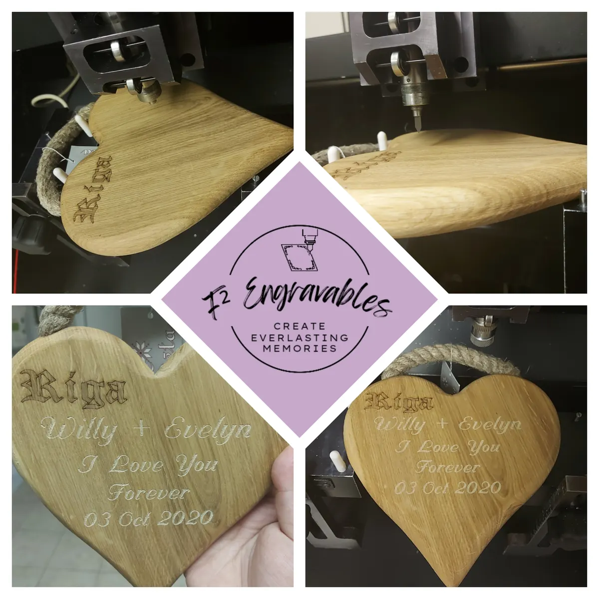 Heart-shaped wooden boards engraved with a couple’s names and I Love You Forever