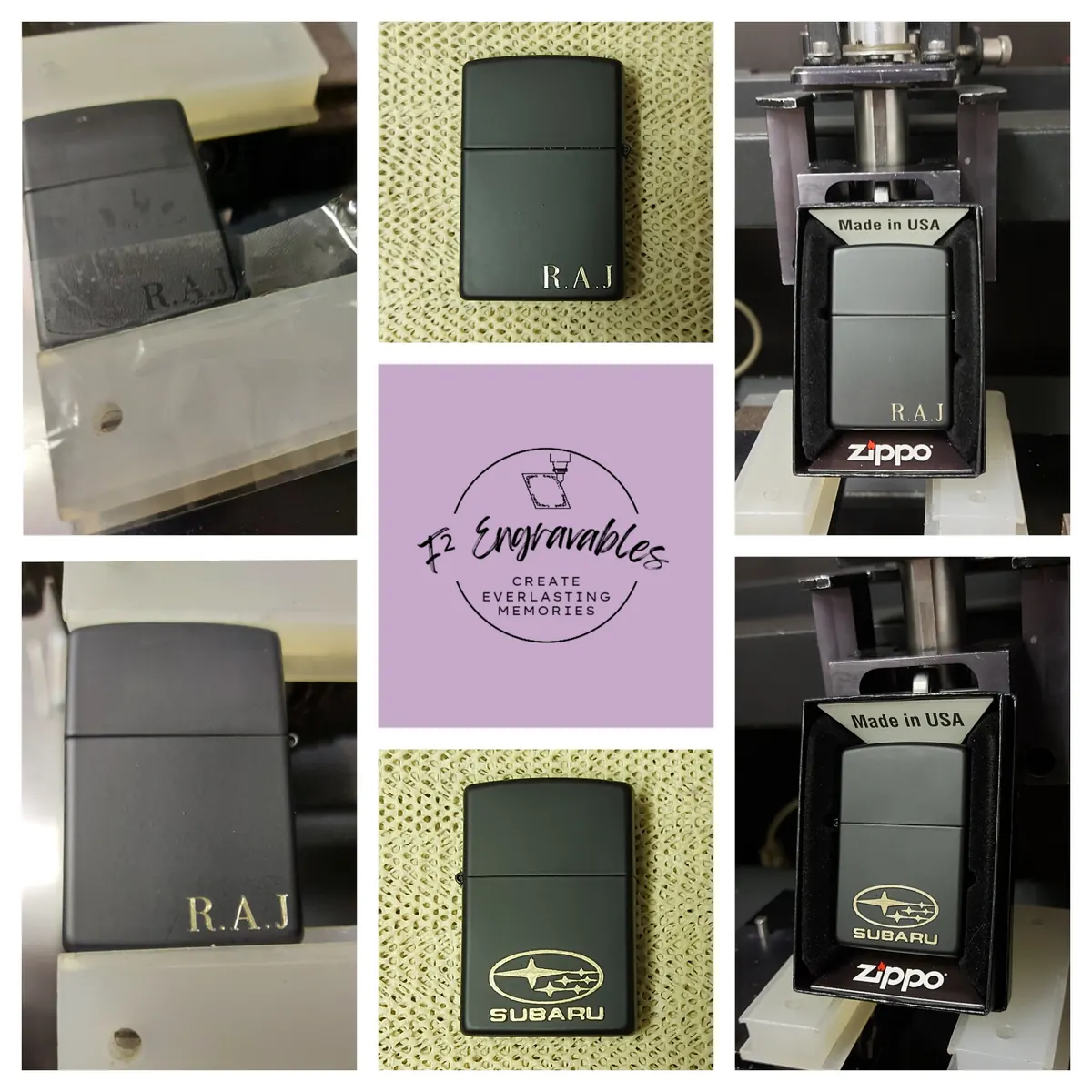 Black Zippo lighters engraved 'RAJ' and with a Subaru logo, Zippo in rotary engraver, F² logo tile. (alt in portfolio grid: 'Zippo Engraving
