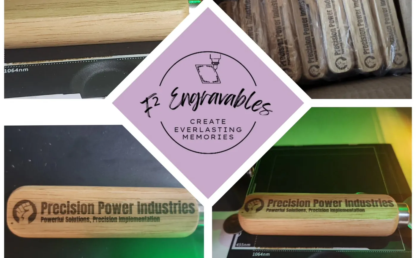 Wooden pieces laser engraved with a company logo for Precision Power Industries