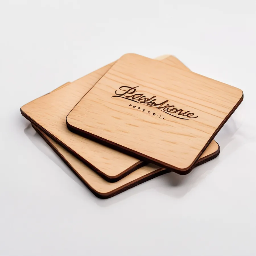 Square wooden coasters engraved with a company logo