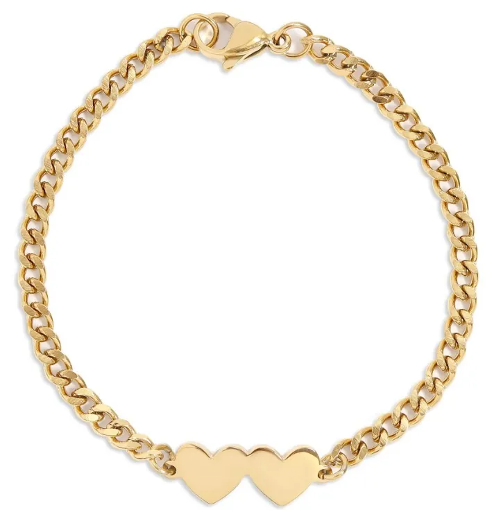 Gold curb chain bracelet with two joined engravable hearts