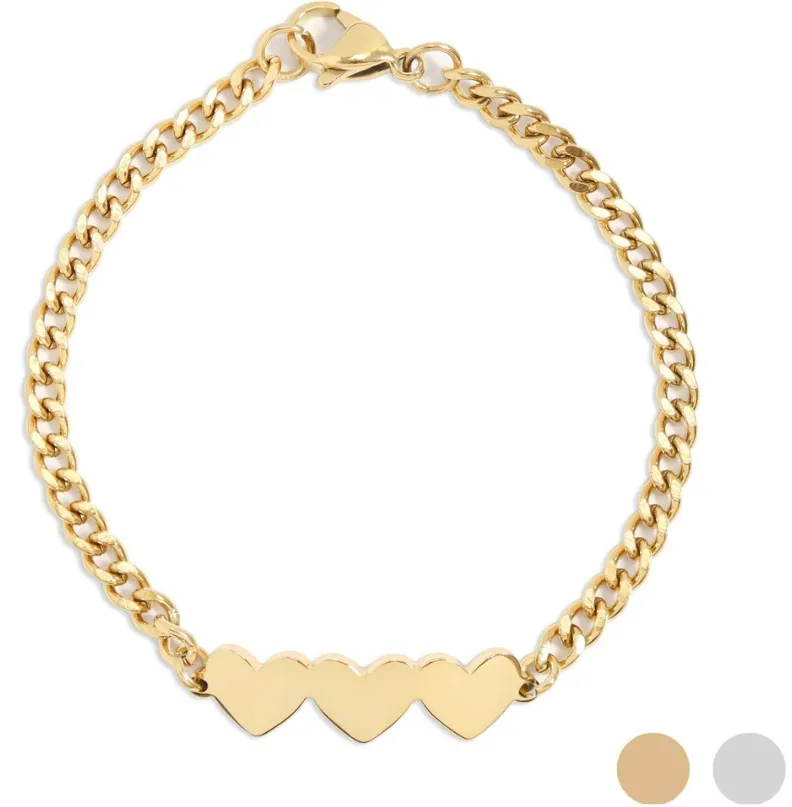 Gold curb chain bracelet with three engravable hearts