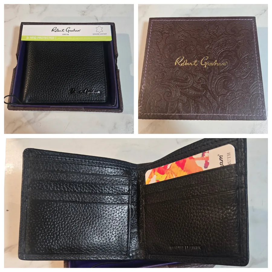 Robert Graham black leather bifold wallet in its embossed gift box with an engraved plaque