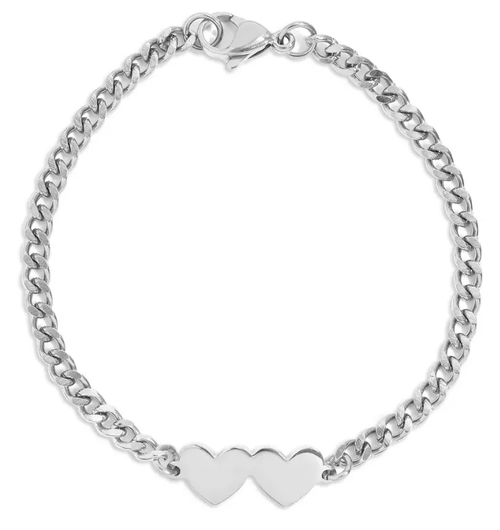 Gold curb chain bracelet with two joined engravable hearts (silver or alternate view)