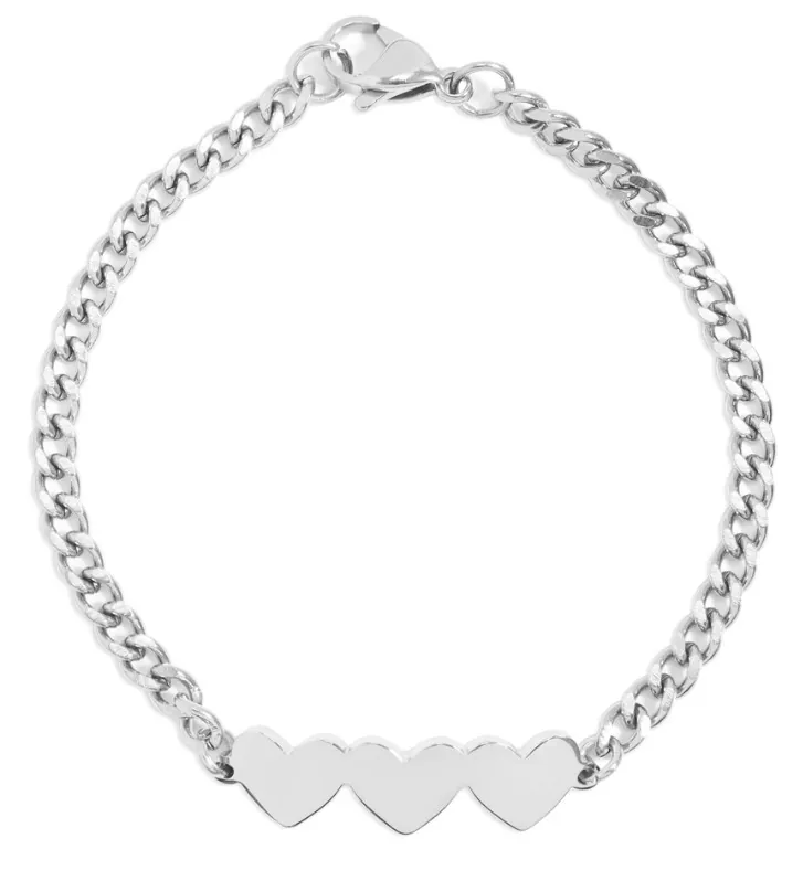 Gold curb chain bracelet with three joined engravable hearts (silver or alternate view)