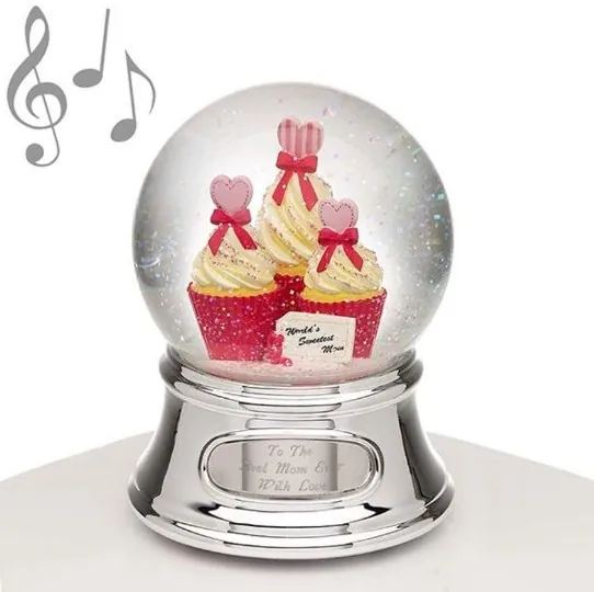 Musical snowglobe with pink cupcakes, hearts and a World’s Sweetest Mom tag